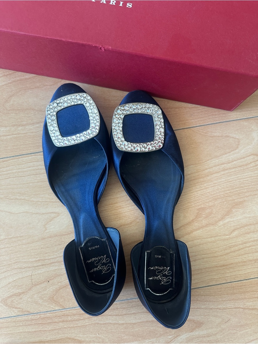 Roger Vivier Navy Satin Crystal Buckle Mules